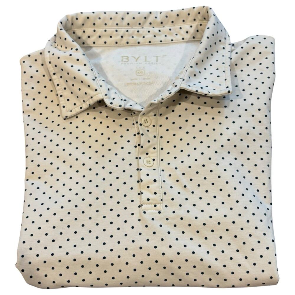 BYLT Drop Cut Lux Polo Men’s XXL Cream Navy Polka Dot Short Sleeve Cotton Blend - Picture 2 of 7